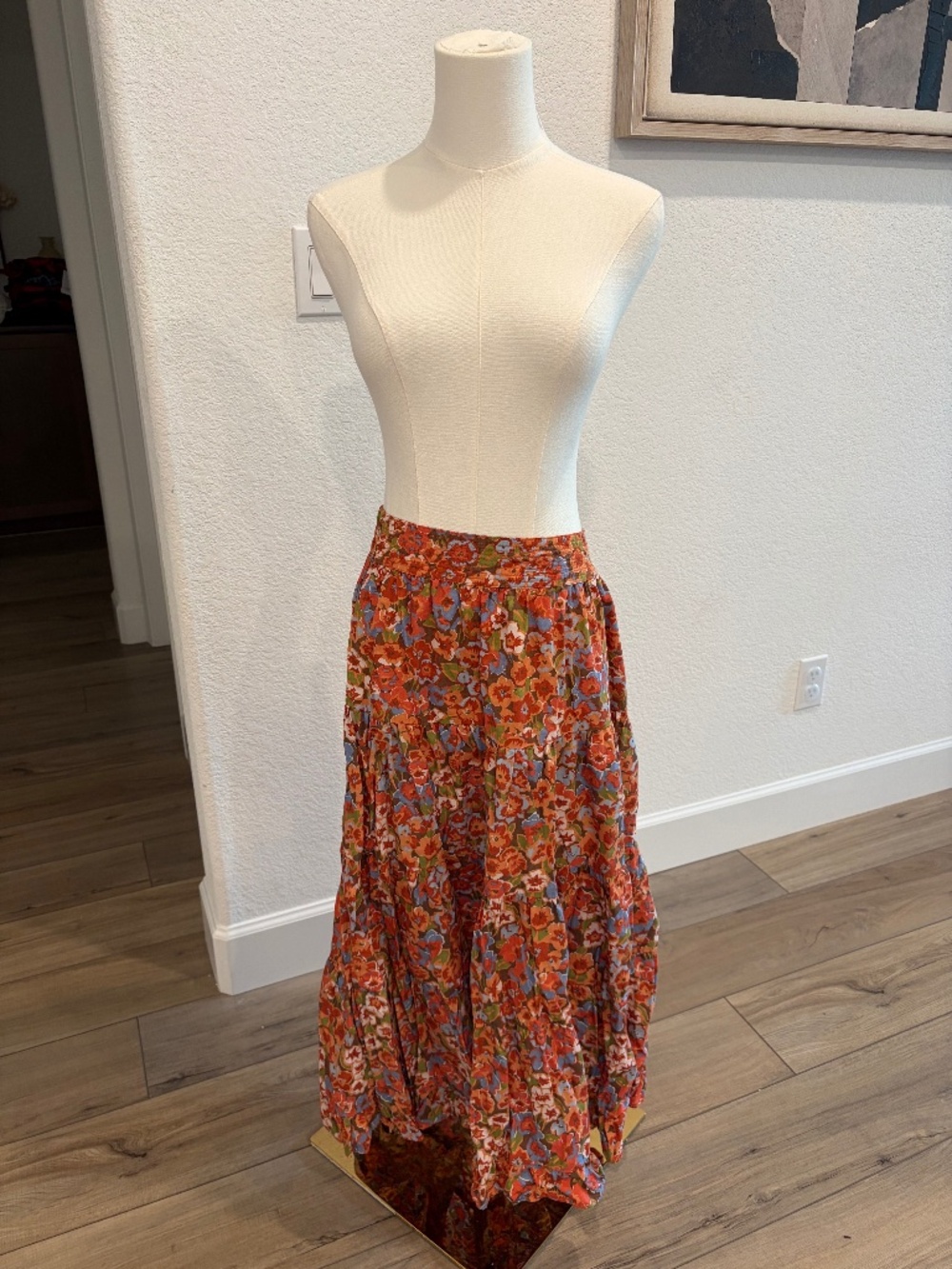 House of Harlow Orange Floral Cotton Tiered Midi Skirt size medium
